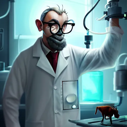 Prompt: a mad scientist goat in lab coats mixing acids, digital painting, digital illustration, digital art, trending on artstation and unreal engine, deviantart, smooth, hyper detailed, award - winning, hd