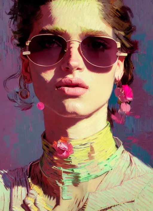 Prompt: portrait of a beautiful girl, sunglasses, nose piercing, shades of pink, beautiful face, rule of thirds, intricate outfit, spotlight, by greg rutkowski, by jeremy mann, by francoise nielly, by van gogh, digital painting