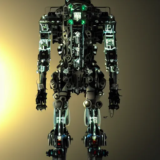 Image similar to cyberpunk mediaval mechanical robot by Vitaly Bulgarov, crysis style, front view
