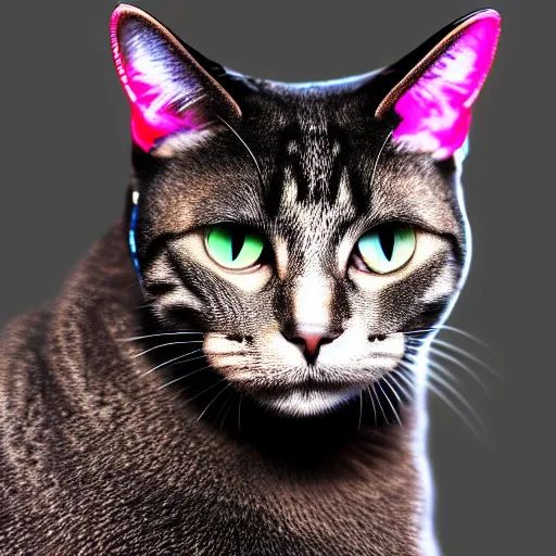 Prompt: a cat wearing headphones,studio photograph,professional photography,professional lighting,3 point lighting,detailed face,hyperdetailed,photorealistic,4k,neon lights