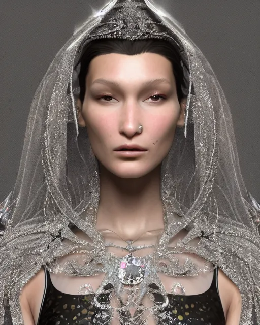 Image similar to a highly detailed metahuman 8 k close up render of bella hadid with a veil on her face renaissance in iris van herpen dress schiaparelli in diamonds crystals swarovski and jewelry iridescent in style of alphonse mucha trending on artstation made in unreal engine 4