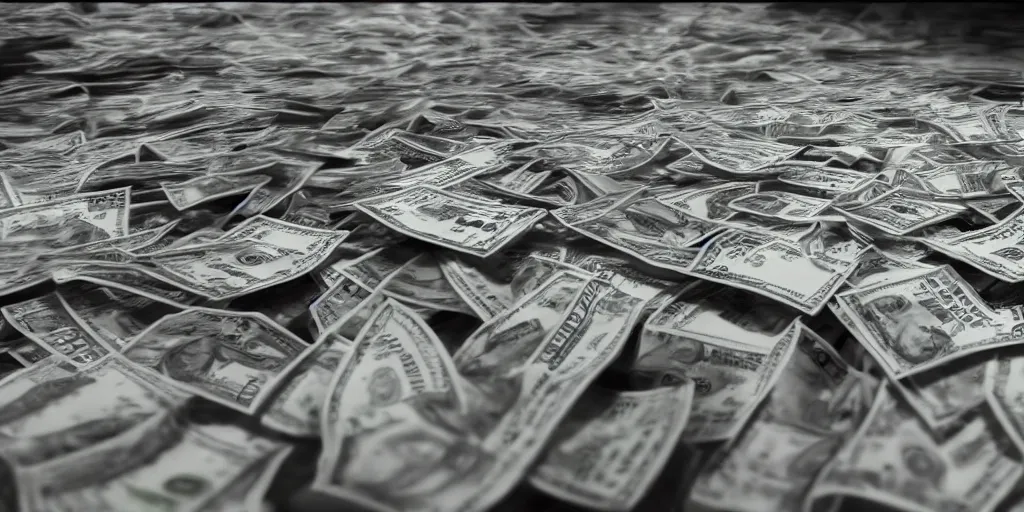 Image similar to a film still of cash money piling up in a vault, shallow depth of field, cinematic, award winning cgi, vfx, film still cfg _ scale : 2 1. 0