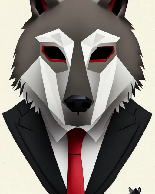 Prompt: a man in a suit and tie with a wolf mask on, a character portrait by kamagurka, extremely detailed, trending on deviantart, furry art, furaffinity, behance hd, official art