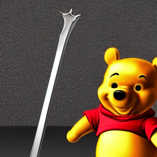 Prompt: Winnie the Pooh wearing armor, holding a giant sword, ps2 graphic, 3d render, video game