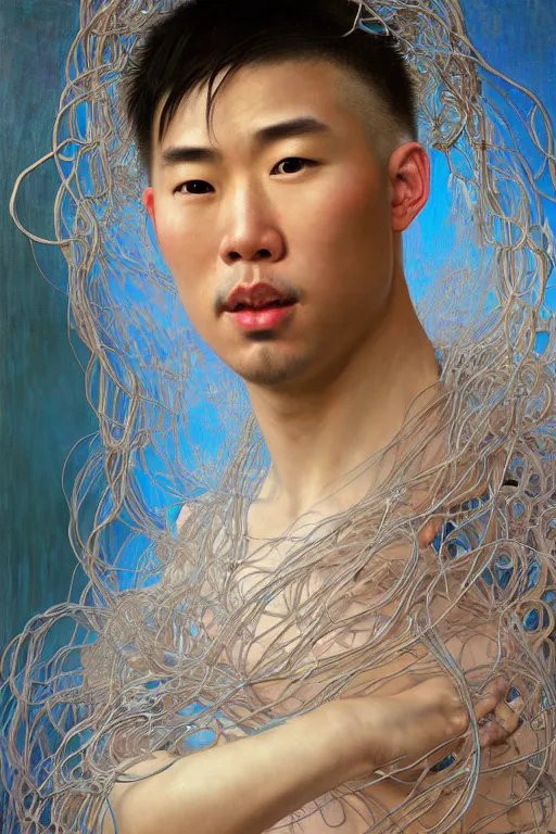 Image similar to hyperrealist portrait of an attractive angelic asian man, it is decorated with long wires that fall like vines and wears small computers over their body. by jeremy mann and alphonse mucha, fantasy art, photo realistic, dynamic lighting, artstation, poster, volumetric lighting, very detailed faces, 4 k, award winning