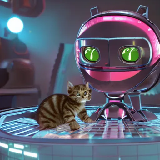 Image similar to a 3 d rendered movie of a cute robot kitten with whiskers. the robot has rgb lighting implants. in the background is a cat tree ( cyberpunk ) for robots. dramatic lighting. science fiction outer space fantasy blockbuster movie, imax 7 0 mm. octane 3 d render, style of mandalorian ( american space western television series ) but about robots, polka dancing contest.