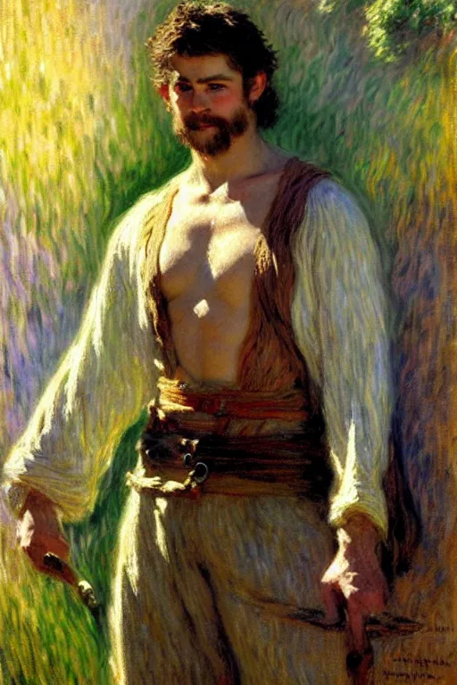 Prompt: attractive male, the lord of the rings, painting by, gaston bussiere, craig mullins, j. c. leyendecker, claude monet