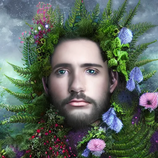 Image similar to a male knight, stern face, clear eyes, shining armour made of steel and flowers, and fractal flowery hair in a fractal garden, glowing delicate flower, berries and ferns that grow in a dark fantasy forest, full frame,