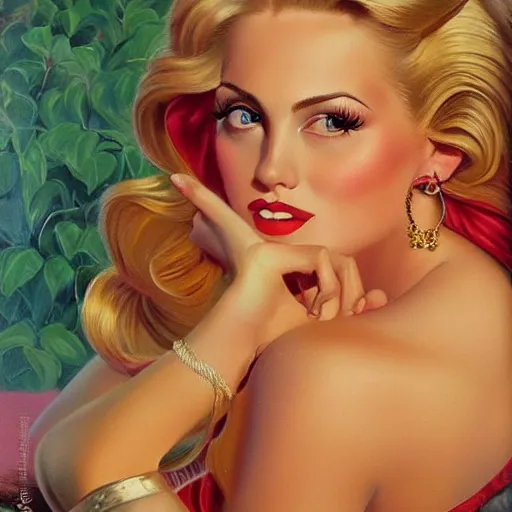 Prompt: beautiful woman, long blonde hair, make up, beautiful dress, by greg hildebrandt fancy oil painting high quality clothed in pin up style