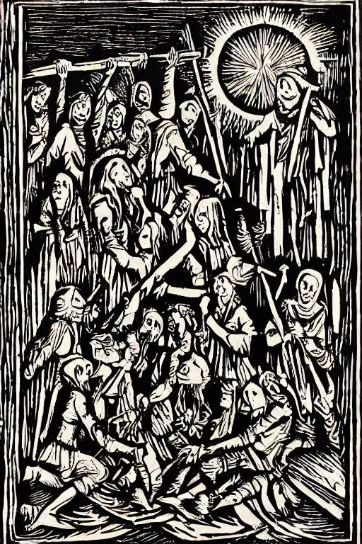 Prompt: a beautiful woodcut print of walpurgisnacht, 8 k, by vladimir zimikov