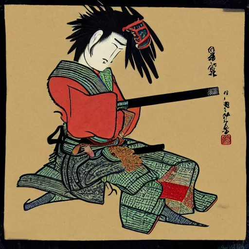 Image similar to a ancient samurai smoking a joint on a pony