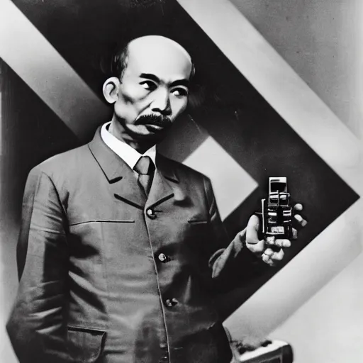 Prompt: Portrait of Ho Chi Minh holding Electric Cordless Drill