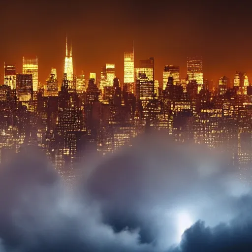 Prompt: The bitcoin signal shines into the clouds over new york city on a dark, foggy night, photo realistic