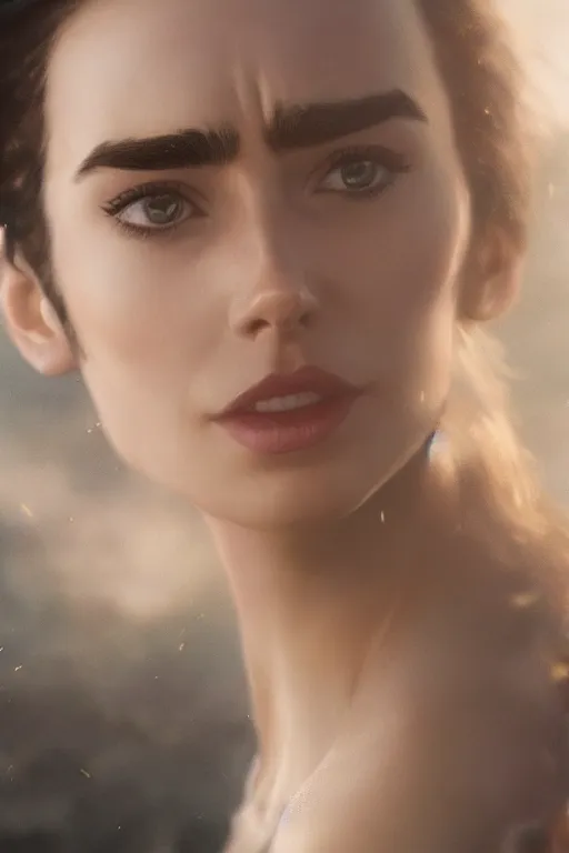 Image similar to a fancy close up of Man of Steel cast as Lily Collins by Greg Rutkowski, Sung Choi, Mitchell Mohrhauser, Maciej Kuciara, Johnson Ting, Maxim Verehin, Peter Konig, 8k photorealistic, cinematic lighting, HD, high details, dramatic, trending on artstation, full body shot