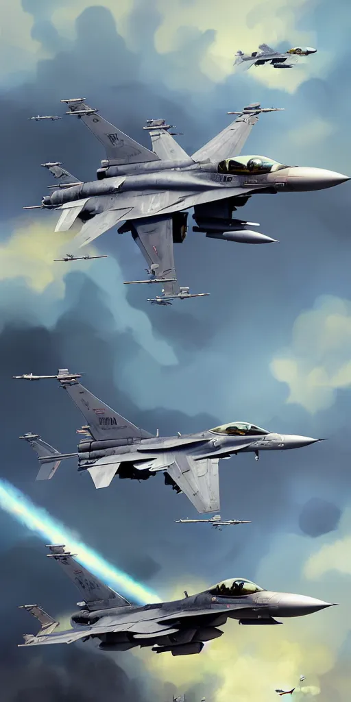 Image similar to f - 1 6 flyby in the style of greg rutkowski and wlop, and lisa frank, and bob ross, and ruan jia, illustration, epic, military aviation, hyper detailed, smooth, unreal engine, sharp focus, ray tracing