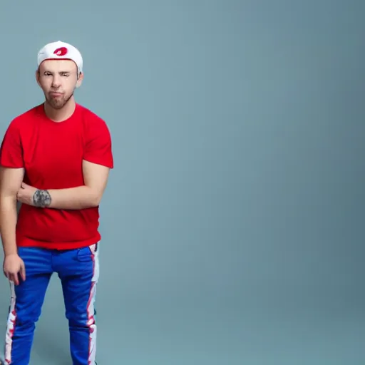 Image similar to a full body shot of an average white, short young - adult man with no beard and blue colored hair, wearing a red backwards cap, white t - shirt with a red no symbol on it, blue long pants and red shoes, holding a microphone, studio lighting, photoshoot, grey background