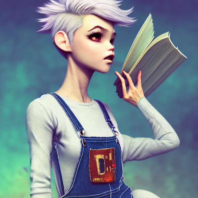 Prompt: full body pose, beautiful adult fairy, pixar, short white hair shaved sides, dirty, grungy, grunge, long sleeve, painted overalls, stacks of giant books, by sakimichan, highly detailed, 4 k, hdr, smooth, sharp focus, high resolution, award - winning photo, artgerm, photorealistic