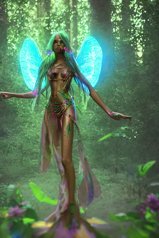 Prompt: dragonfly goddess that heals a bunch of ravers in forest where colored light passes between tree stems, octane render, unreal engine 5, epic game graphics, fantasy, conceptual art, ray tracing