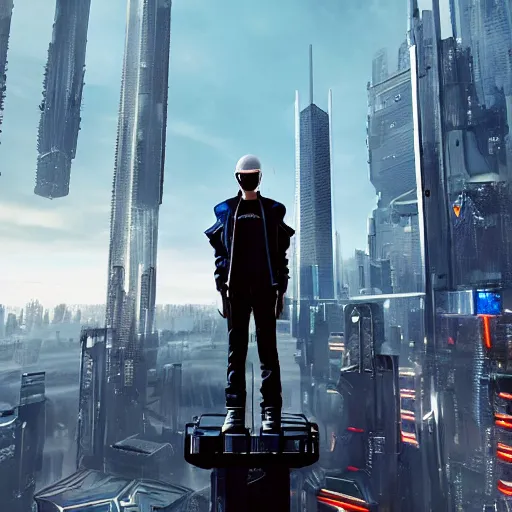 Image similar to a man dressed in cyberpunk style clothing standing on top of a raised platform, futuristic city in the background