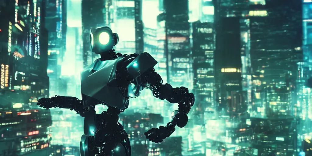 Prompt: Cyberpunk android chrome Robot dramatic movie scene with dynamic movement and motion blur and bokeh, shot on imax, cinematic scene, cinematographic composition, CineStill 800T Film