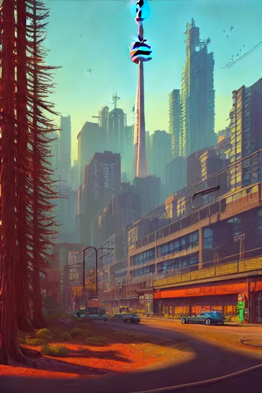 Image similar to downtown toronto in a redwood solar punk vision, oil on canvas by klaus burgle, simon stalenhag, ultra - realistic 3 d depth shading