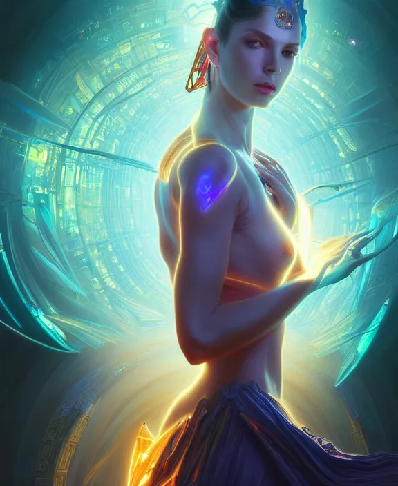 Image similar to a whirlwind of souls rushing inside the metaverse, half body, glowin eyes, tiara with sapphire, pharaoh, android, cyberpunk, d & d, fantasy, intricate, elegant, highly detailed, colorful, vivid color, digital painting, artstation, concept art, art by artgerm and greg rutkowski and alphonse mucha and ruan jia