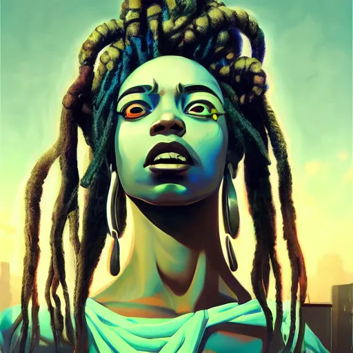 Image similar to dreads - cyberpunk deities and their creations, gods and men, manifesting dreams with kemetic magic in a modern world | hyperrealistic digital painting | by makoto shinkai, ilya kuvshinov, lois van baarle, rossdraws, basquiat | afrofuturism, in the style of surrealism, trending on artstation | dark color scheme