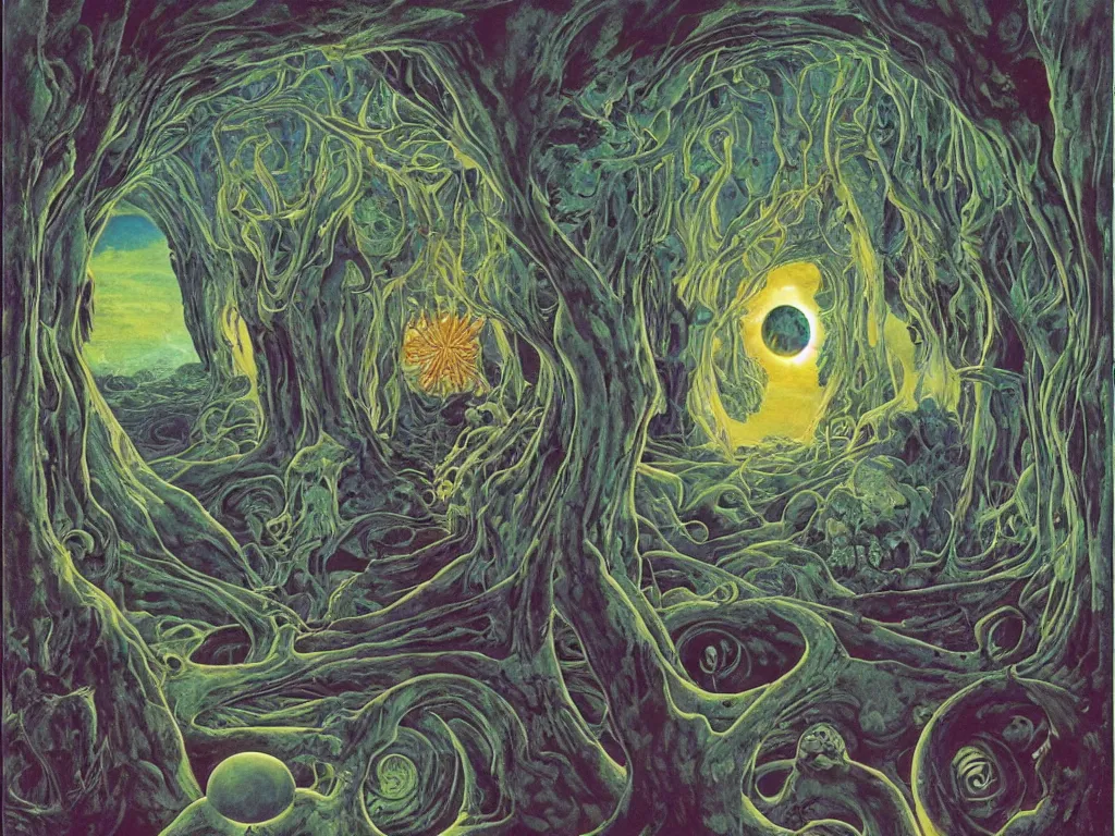 Image similar to The inside of the sun. Mystical, organic, crystal, iridescent, infinite hallways. Eye. Entwined gods. Painting by Roger Dean, Escher, Lucas Cranach