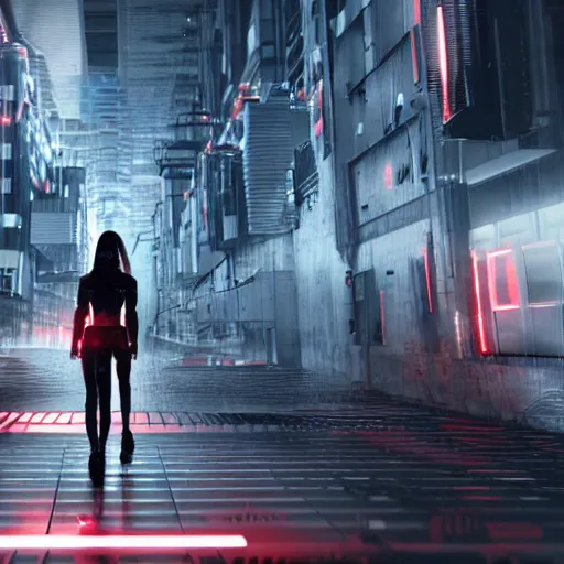 Image similar to photo of a lone terminator woman with borg implants walking in a futuristic city in a dystopian future made of electronic components and looks like a giant pcb board. Very detailed 8k. Unreal engine 5 render with nanite, global illumination and path tracing. Cinematic post processing. Emphasize on the colors black and red.
