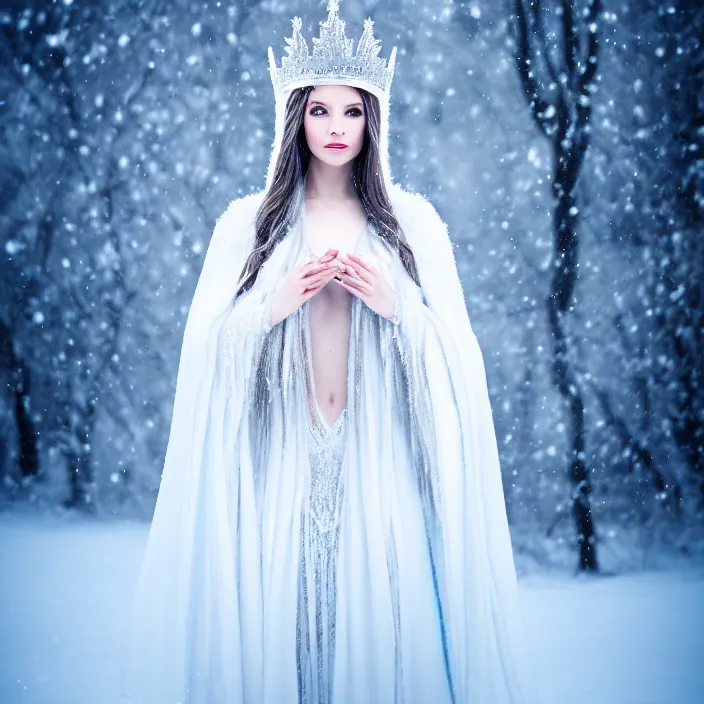 Prompt: photograph of a real-life beautiful ice queen with ornate white cloak and crown in an ethereal snowy landscape. Extremely detailed. 8k