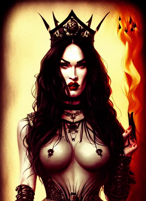 Image similar to megan fox witch queen, black eyes, blood, full body, intricate victorian dress, middle shot, cinematic lighting, symmetrical eyes, caravaggio, joshua middleton, rafael albuquerque, charlie bowater, moody lighting, candles