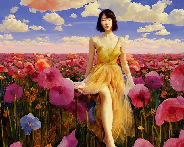 Prompt: lee jin - eun in elegant chic interstellar lush dress emerging from gold gold by martine johanna, michael garmash and katsuhiro otomo, rule of thirds, seductive look, beautiful, cotton candy clouds, puyallup berteronian, himalayan poppy flowers, gorgeous, face anatomy, masterpiece