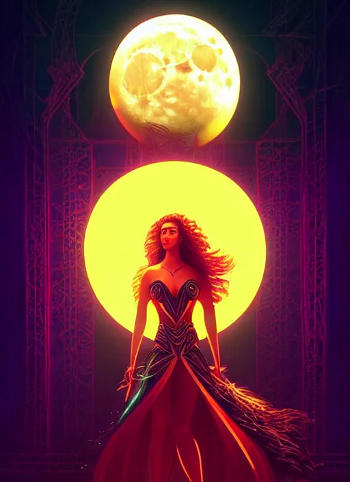 Image similar to high vector, neon lighting, book cover!!!!!!!!!!!!, warrior princess, large moon, light night, intricate, elegant, sharp focus, illustration, highly detailed, digital painting, concept art, matte, art by wlop and artgerm and ivan shishkin and andrey shishkin, masterpiece