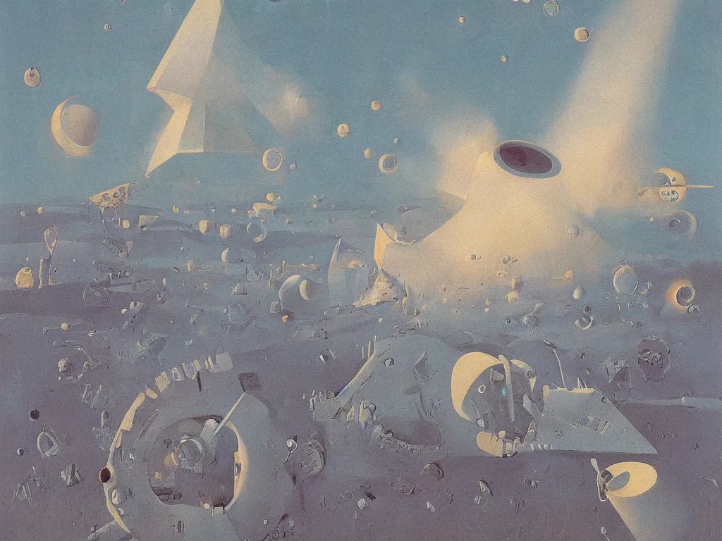 Image similar to white dream bot mothership crashed in the crater of pelt and carbon. painting by max ernst, agnes pelton, rene magritte, moebius