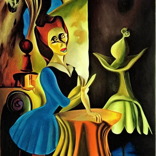 Prompt: Alice in Wonderland by Salvador Dali and Tamara de Lempicka, atmospheric lighting