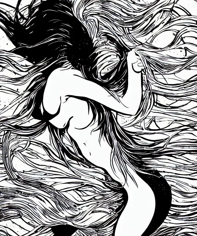 Prompt: black and white illustration, creative design, dark fantasy, beautiful mermaid, full body, swimming in ocean, fish tail bikini top flowing hair