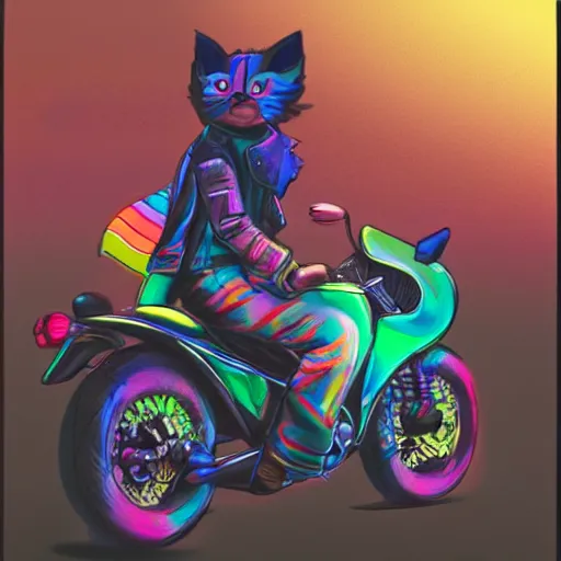 Image similar to wide angle full body, jacket wearing fluffy cute rainbow kitten wearing a black leather motorcycle jacket, riding on a motorcycle, cinematic concept art