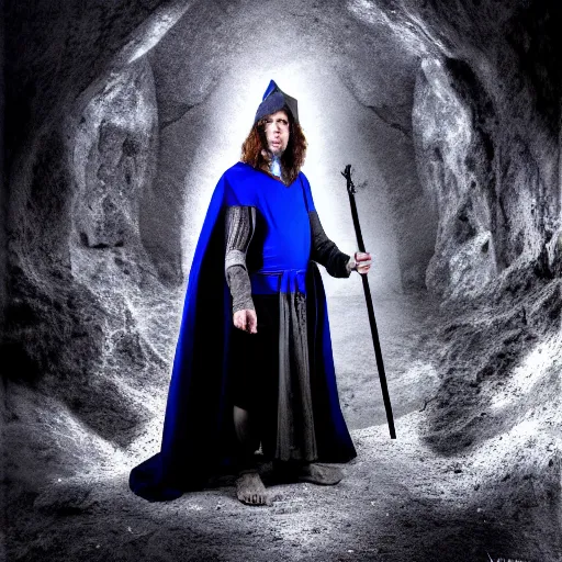 Prompt: a wizard, with a magic staff in his hands and a blue cape around him, inside a cave, he tries to cast a magic spell, but he failed and he frustrated. the background is inside the cave, black and white, mystic, fantasy, magic, award winning photography, hdr, studio lighting medium close shot, mucha style,