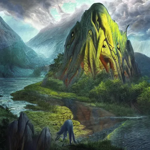 Prompt: the land before time, artstation hall of fame gallery, editors choice, # 1 digital painting of all time, most beautiful image ever created, emotionally evocative, greatest art ever made, lifetime achievement magnum opus masterpiece, the most amazing breathtaking image with the deepest message ever painted, a thing of beauty beyond imagination or words