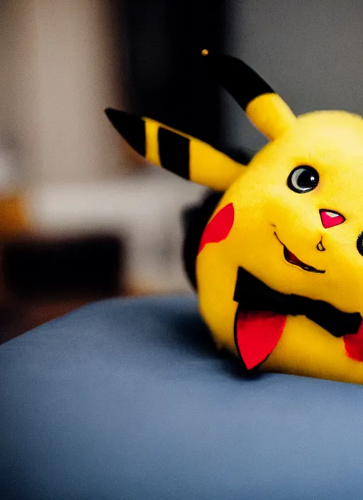 Prompt: a professional photo of pikachu smiling, f / 1. 4, 9 0 mm