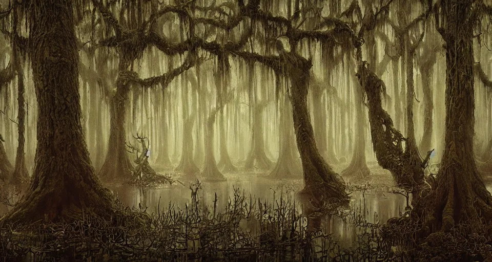 Prompt: A dense and dark enchanted forest with a swamp, by James Gurney