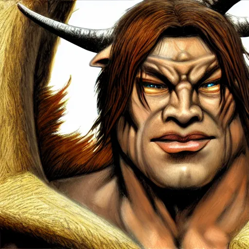 Image similar to Character portrait, face close up: Minotaur Male Cleric. Peace will conquer all. In the style of Ralph Horsley