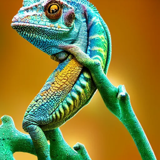 Prompt: a photorealistic chameleon made of complex fractals, digital art