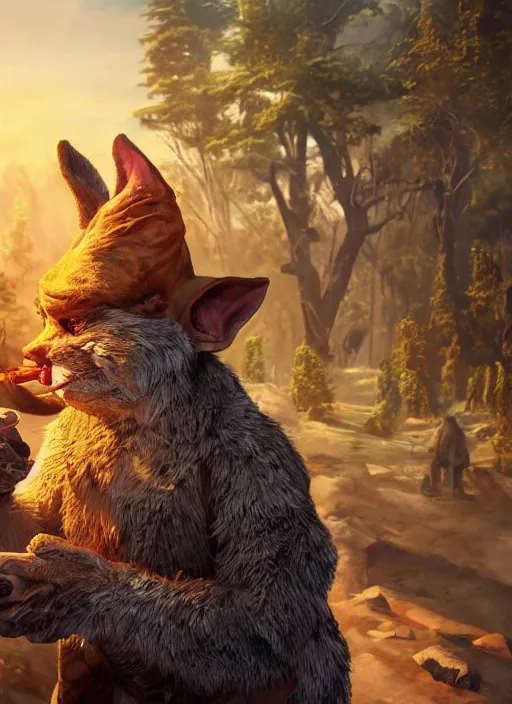 Image similar to pathfinder 2 e illustration of furry goblin smoking a cigar, unreal engine, hyper realism, realistic shading, cinematic composition, realistic render, octane render, detailed textures, photorealistic, wide shot