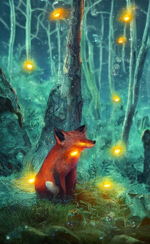 Prompt: fox fire fungi, water bubbles, night view, glowing, fireflies, poster vintage, digital strokes, illustration, bioluminescence, vegetation, portrait, full shot, rim light, pixar, octane render,