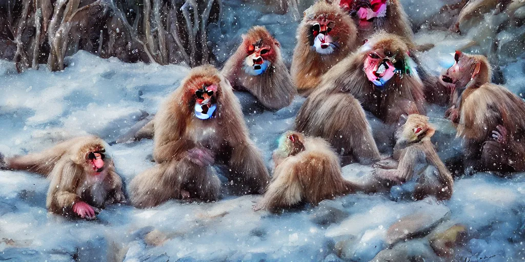 Prompt: closeup family portrait of snow monkeys gather at the natural spa to get warm in the mountains, by Antoine Blanchard, by Marcel Masson, highly detailed, snow flurry, cold, steamy, desaturated (reds, blues), inquisitive, striking, contemplative, happy, content, warm, on canvas