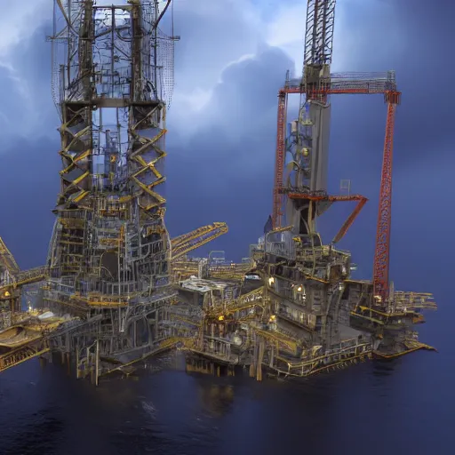 Prompt: A cathedral on an oilrig in the midst of a hurricane, concept art 4k hd unreal engine,