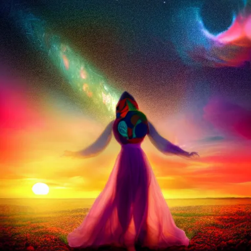 Image similar to A picture of a planet of various colors and plants, in which a human figure dressed in something magical and impressive, inside a picture of infinity, sunset light, Atmospheric Phenomenon art photography