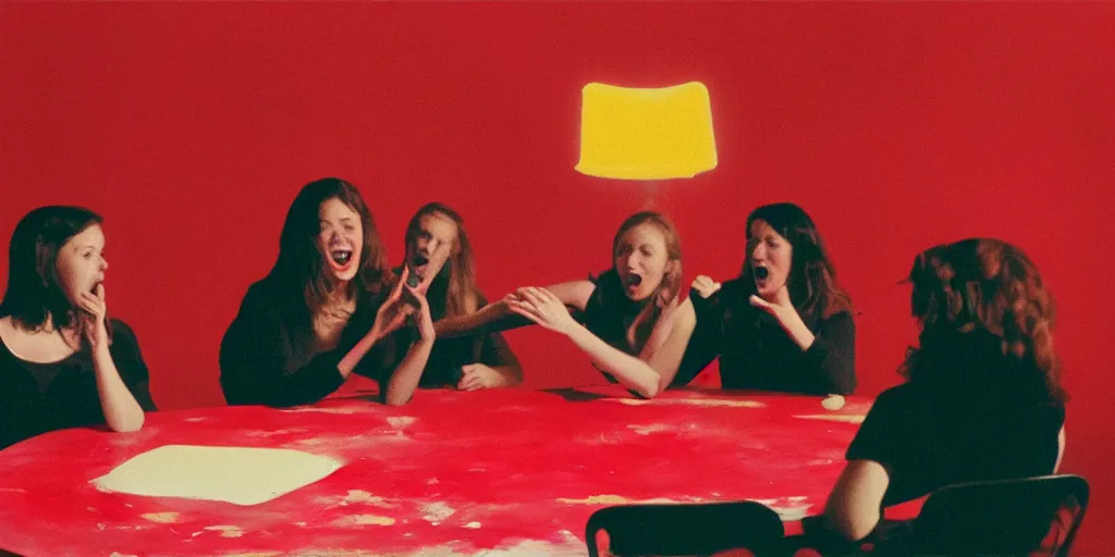 Prompt: film still of young women screaming!!!! sitting at a round table and finger painting in a red room with pictures on the wall directed by david lynch, vibrant colours, backlighting