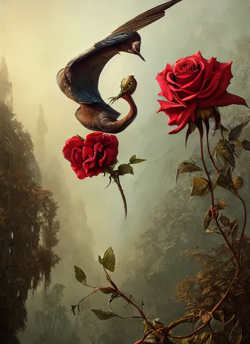 Image similar to the bird has grown its arms and is holding a rose, hyperrealism, no blur, 4 k resolution, ultra detailed, style of tyler edlin, tom bagshaw, arthur rackham, ivan shishkin